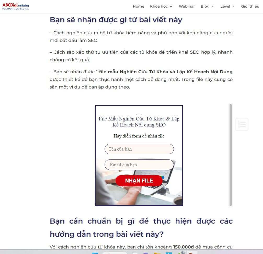 Một mẫu form đăng ký để nhận file nghiên cứu từ khóa và lập kế hoạch nội dung SEO